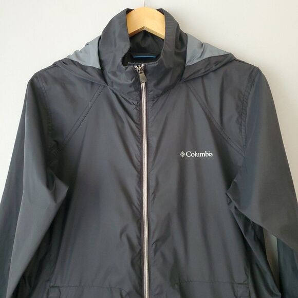 Columbia Black Gray Nylon Zip Up Hooded Windbreaker Jacket Womens Large - Picture 2 of 7